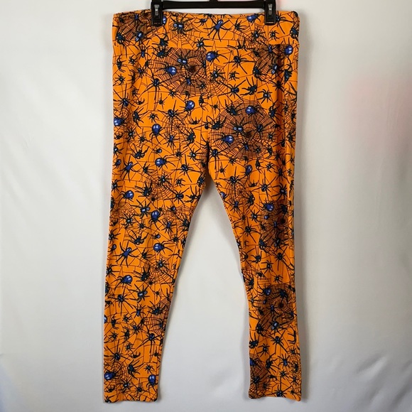 LuLaRoe Orange & Black Spider & Web Halloween Leggings - Size TC2 (18+) - Picture 1 of 7